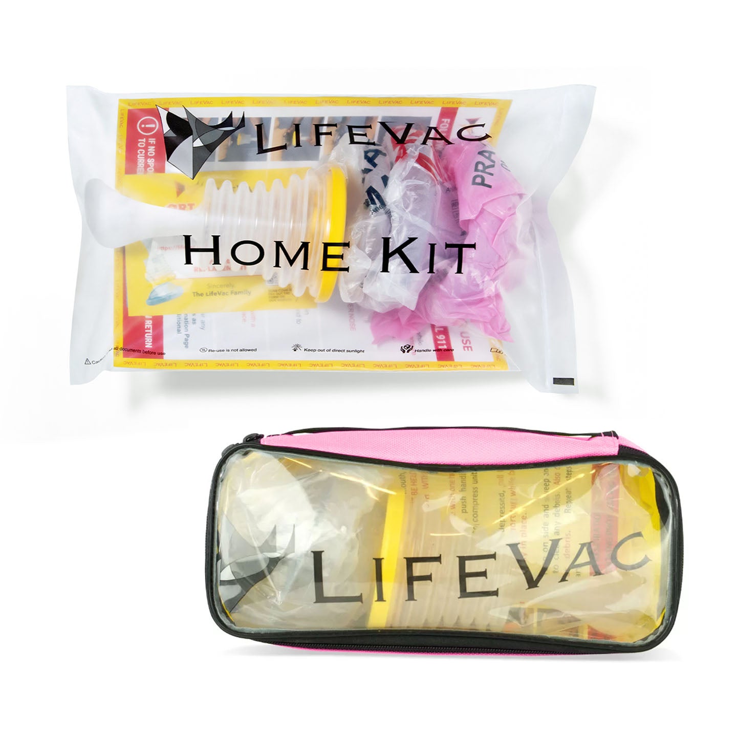 One LifeVac Home Kit in its packaging and one Travel Kit in pink zip up case